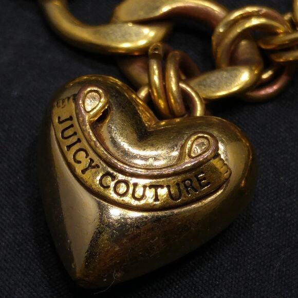 Juicy Couture Gold Tone Puffy Heart Toggle Bracelet 8" J Charm Vintage Jewelry - Picture 2 of 6